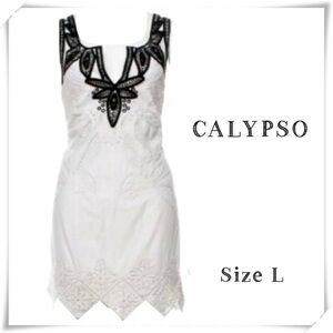 CALYPSO St Barth Eyelet Lace Dress in White with Black Trim